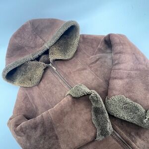 Manzari Milano Vintage 70s Italian Shearling Jacket Brown Suede Hood EU 38 US 8